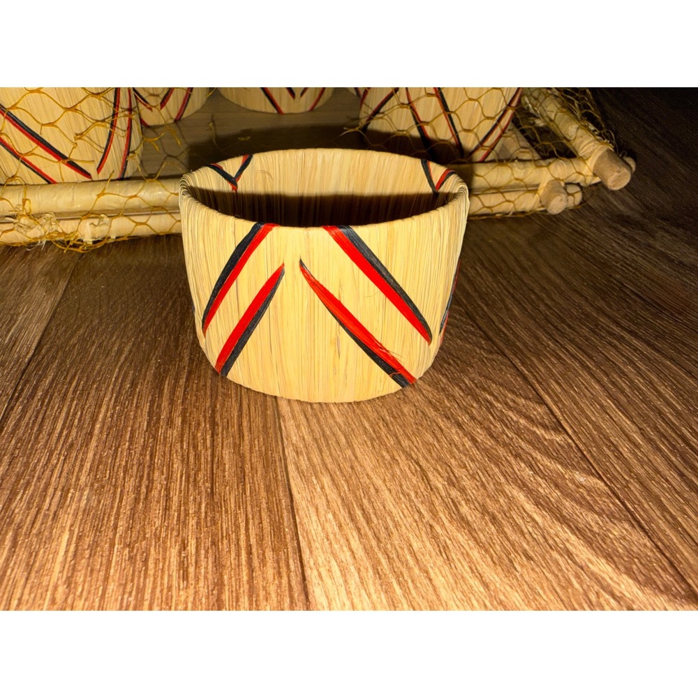 Vintage Tiki Bar Set 6 Woven Grass Cups Bamboo Tray Yellow Netting Tropical Luau